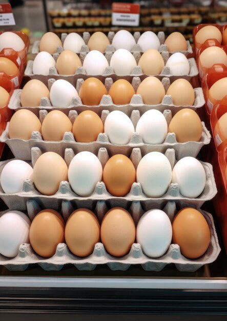 Фото bio свежие куриные яйца в бумажной коробке в супермаркетах продукты питания белковые здоровые продукты питания generative ai