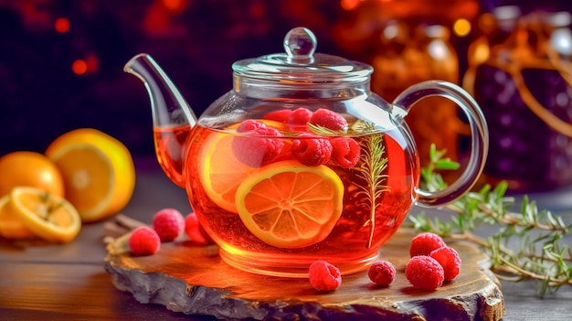 Bio fresh home made fruit tea in a glass teapot made with Generative AI