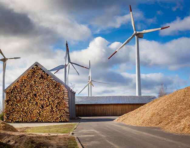 Foto bio-krachtcentrale met opslag van houtbrandstof tegen een blauwe hemel en windmolens in de verte