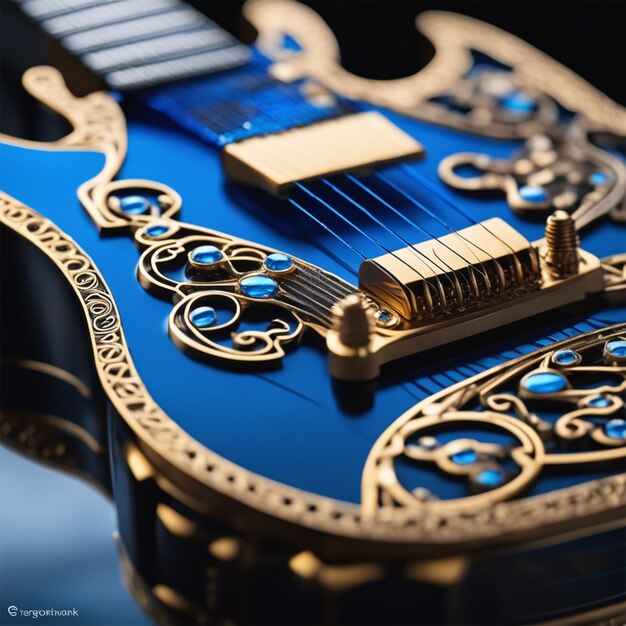 Bio mechanical style inoplanetnaya electric guitar blue black gold full body distant shot wal