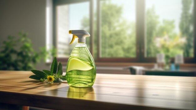 bio organic bottle of cleaning product and leaves