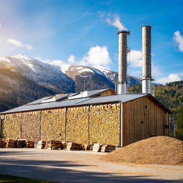 Bio power plant with storage of wooden fuel against blue sky and mountains in the background