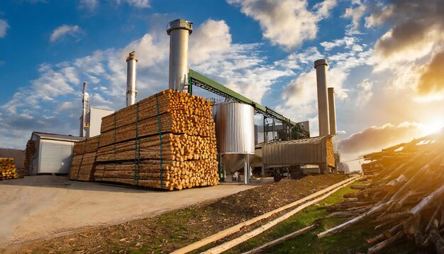 Photo bio power plant with storage of wooden fuel against blue sky and white clouds at sunset