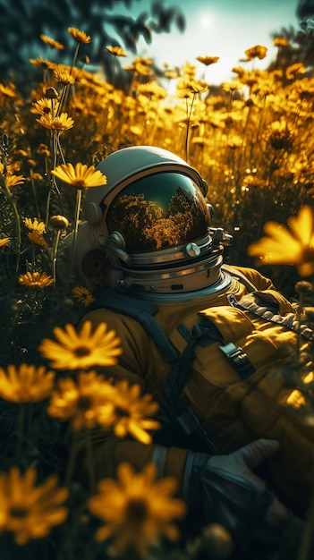 A biochemical astronaut lying down on a meadow of yellow daisies