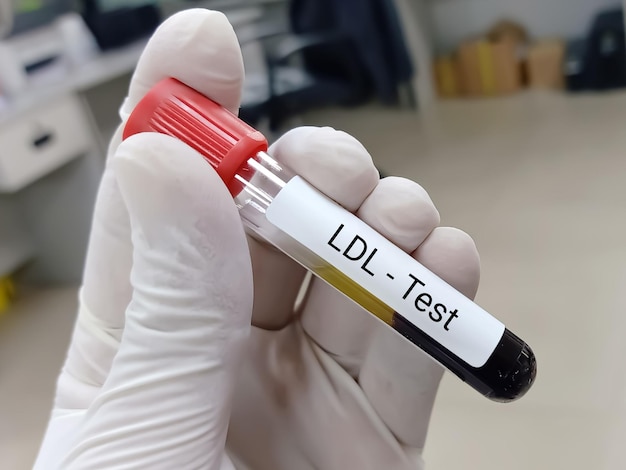 Biochemicus of laboratoriumtechnoloog houdt bloedmonster vast voor LDL-test (lipoproteïne met lage dichtheid).