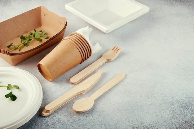 Biodegradable disposable tableware. Paper plates, cups, boxes.