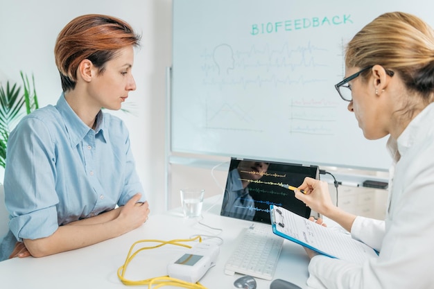 Biofeedback Training Biofeedback Practitioner and Patient in Consultation