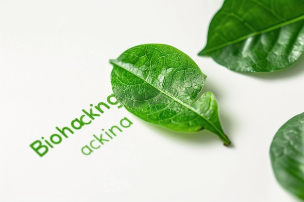 Photo biohacking with green leaf isolated on white background biohacking text