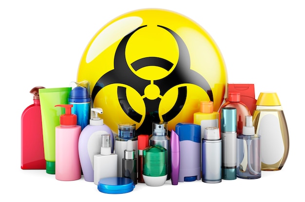 Photo biohazard sign with cosmetic bottles 3d rendering isolated on white background