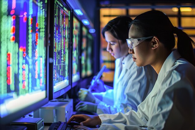 Photo bioinformatics scientists analyze genomic data on computers deciphering genetic codes to uncover ins