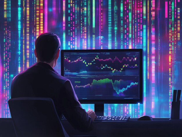 bioinformatics visualized by a scientist working with genomic data on a computer interpreting genetic information through complex algorithms