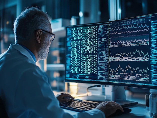 bioinformatics visualized by a scientist working with genomic data on a computer interpreting genetic information through complex algorithms