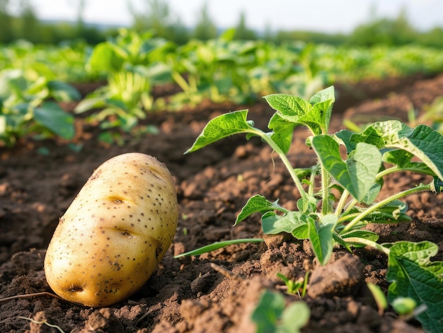 Biologische aardappelveld met gezonde planten en rijke bodem