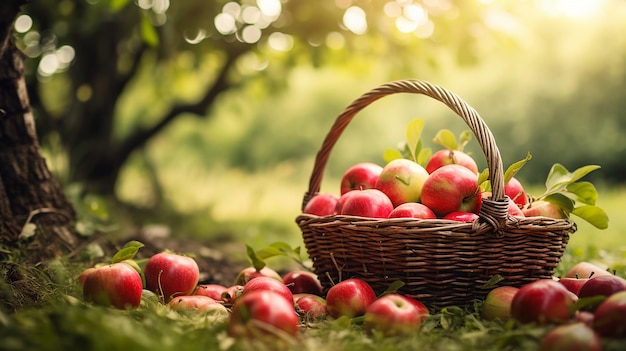 Biologische appels in mand in zomergras Verse appels in de natuur