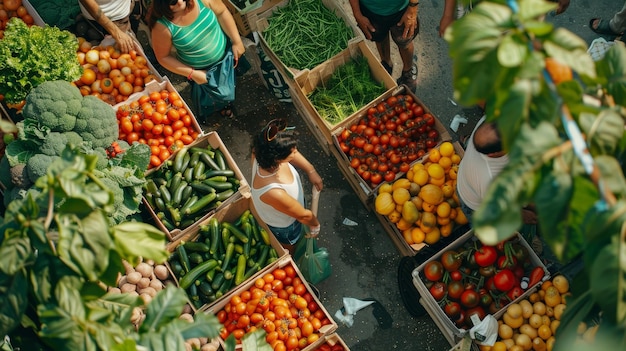 Biologische boeren op de markt klanten die vers producten bekijken