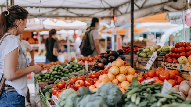 Biologische boeren op de markt klanten die vers producten bekijken