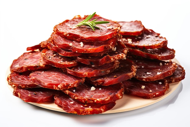 Biologische Dry Beef Pepperoni Slices Ready to Eat geïsoleerde witte achtergrond