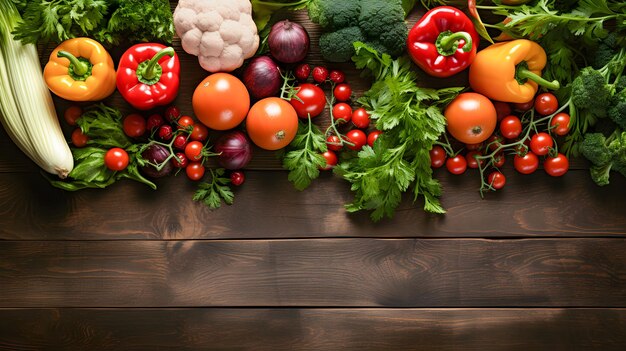 Biologische fruit en groenten op een houten tafel Overhead shot en copy space Wereldvegan dag