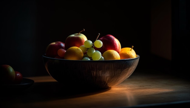 Biologische fruitschaal op houten tafel herfstkleuren gegenereerd door AI