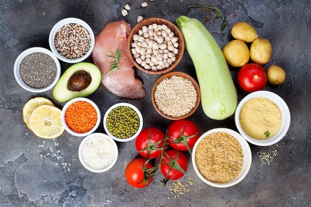 Biologische gezonde voeding Schone selectie van eten, inclusief bepaalde eiwitten, voorkomt kanker
