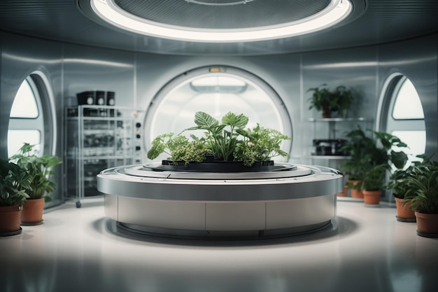 Biologische groenteboerderij hydrocultuur groentefabriek futuristische plant Hydrocultuur laboratoriumruimte op ruimtevaartuig met cirkelpodium
