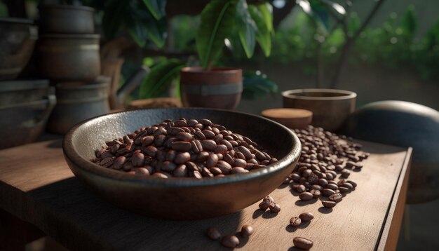 Biologische koffieplant op rustieke tafelhoop verse bonen gegenereerd door kunstmatige intelligentie