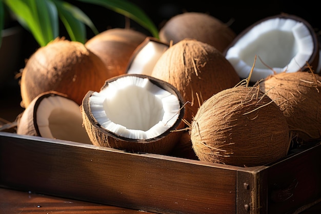 Biologische kokosnoot in een houten kist Generatieve AI