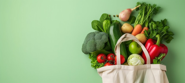 Biologische lokale groenten in een herbruikbare tas op een lichtgroene achtergrond