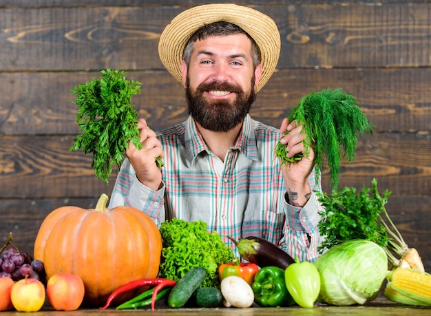 Biologische ongediertebestrijding. man met baard trots op zijn oogst houten achtergrond. uitstekende kwaliteit oogst. organische meststoffen maken de oogst gezond en rijk. boer met inlandse groenten oogst.