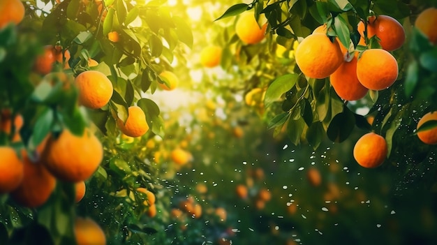 Biologische oranje tuin fruitboomgaard achtergrond Generatieve AI