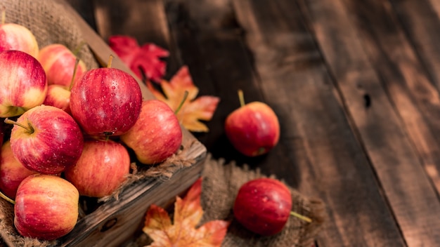 Biologische rijpe rode appels in houten kist. Herfstoogst hoorn des overvloeds in het herfstseizoen. Vers fruit met houten tafel achtergrond.