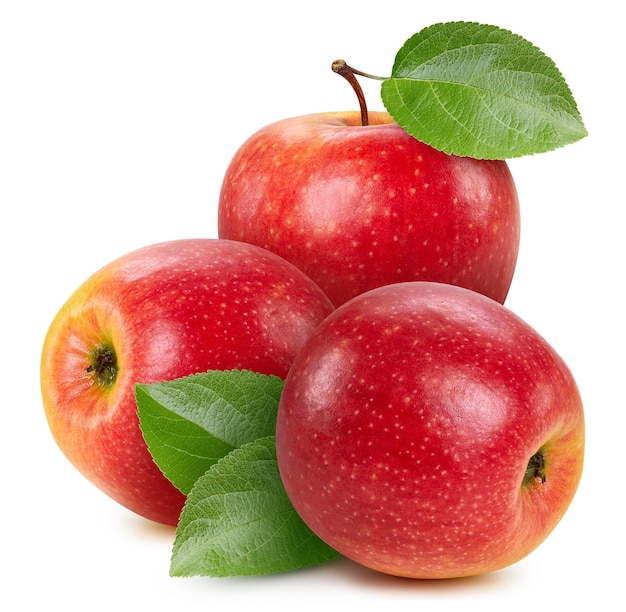 Biologische rode appel geïsoleerd op witte achtergrond Smaak appel met blad Volledige scherptediepte met uitknippad