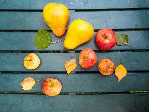 Biologische rode appels en peren op plastic tuintafel herfst achtergrond