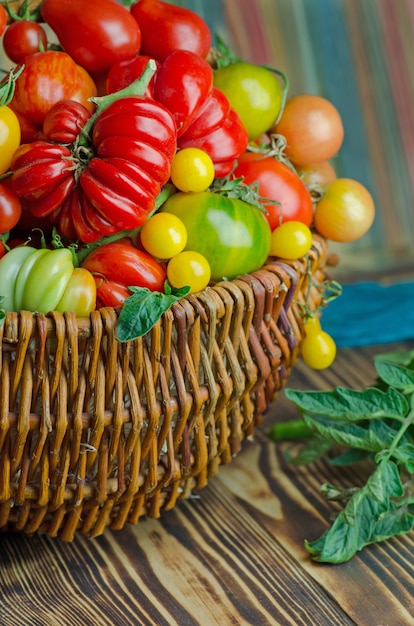 Biologische rode tomaten in houten mand