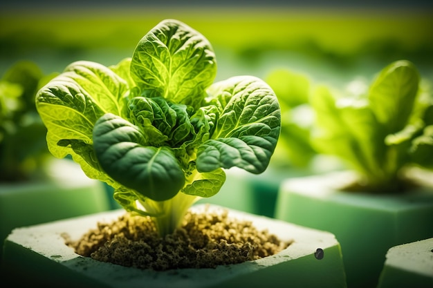 Foto biologische sla en groente plantage jonge gezonde zaailingen die opgroeien in de zon generatieve ai