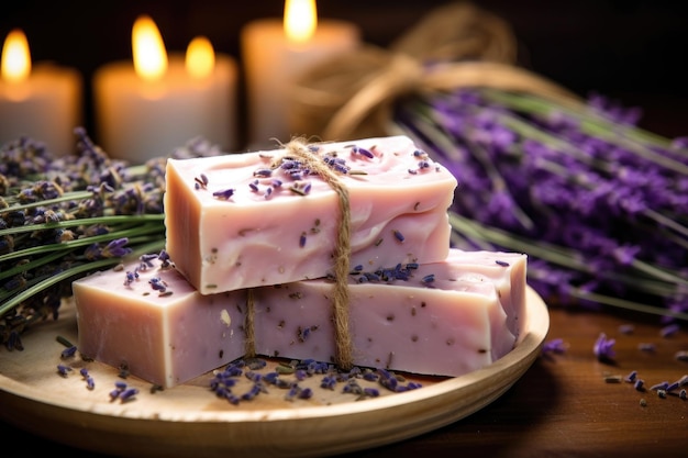 Biologische zeep met lavendel handgemaakt in huis Stukken natuurlijke zeep liggen op de vensterbank