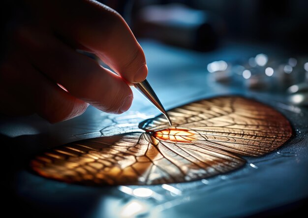 Photo a biologist using a microscope to examine a delicate butterfly wing captured in a macro shot with a