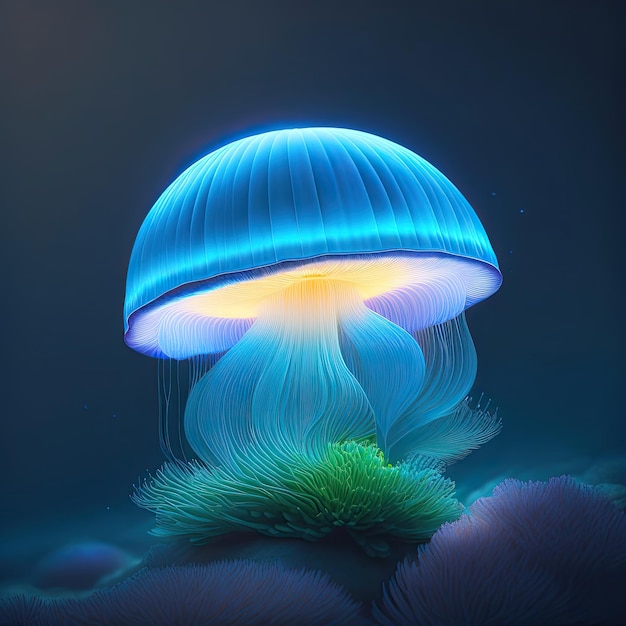 Bioluminescence Blue teal glowing jellyfish and underwater ocean marine life algae