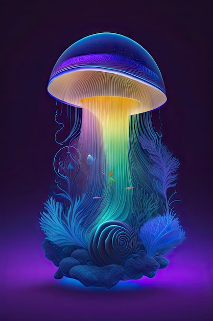 Bioluminescence Blue teal purple glowing jellyfish and underwater ocean marine life algae