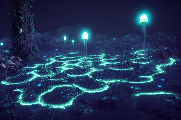 Bioluminescence plants glowing in the forest 3d illustration