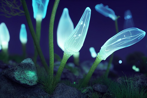 Bioluminescence plants glowing in the forest 3d illustration