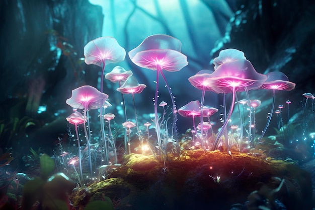 A bioluminescent alien crystal forest with flowers bioluminescent carnivorous plants AI Generative