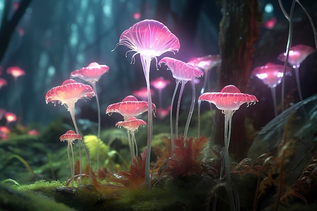 A bioluminescent alien crystal forest with flowers bioluminescent carnivorous plants AI Generative