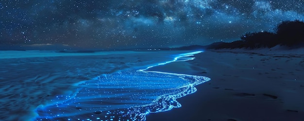 Bioluminescent beach at night stars meet the sea