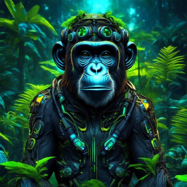 Bioluminescent chimpanzee art by forest apocalyptic cute small kawaii surrounding vegetatio