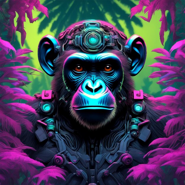 bioluminescent chimpanzee Art By Forest Apocalyptic Cute Small Kawaii Surrounding Vegetatio