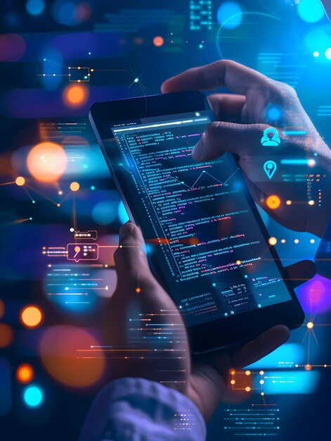 빛나는 코드와 함께 Bioluminescent Coding Hand Holding Tablet 현대적이고 독특한 프로그래밍 및 코딩 개념을 과학적인 터치로 전달하기 위해