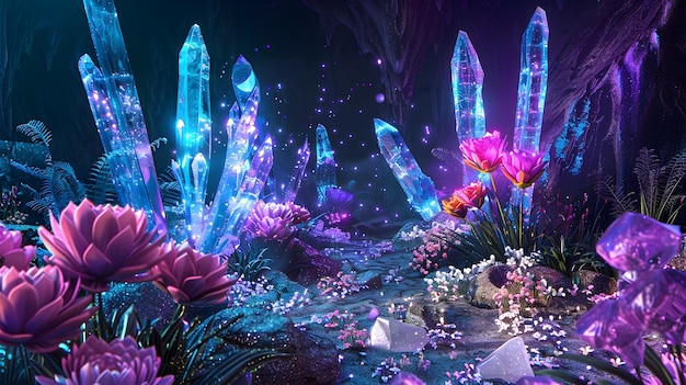 Photo bioluminescent crystal garden an enchanting fantasy landscape