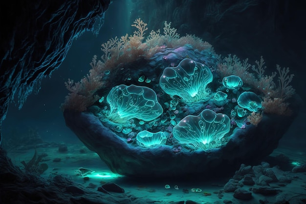 Bioluminescent ethereal water elementals nesting in a rock pool