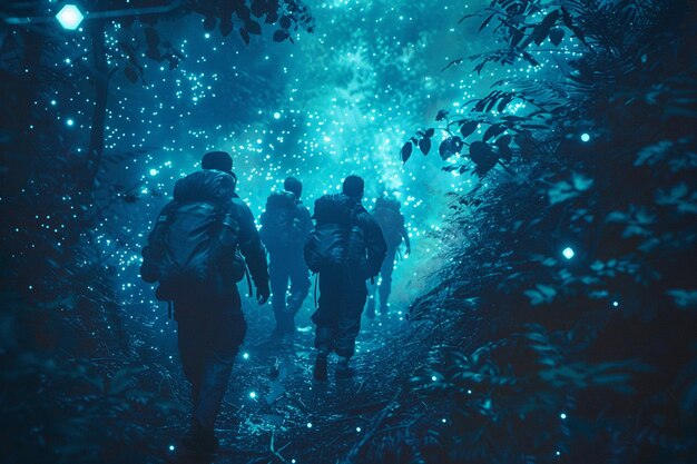 Bioluminescent forest expedition with diverse expl